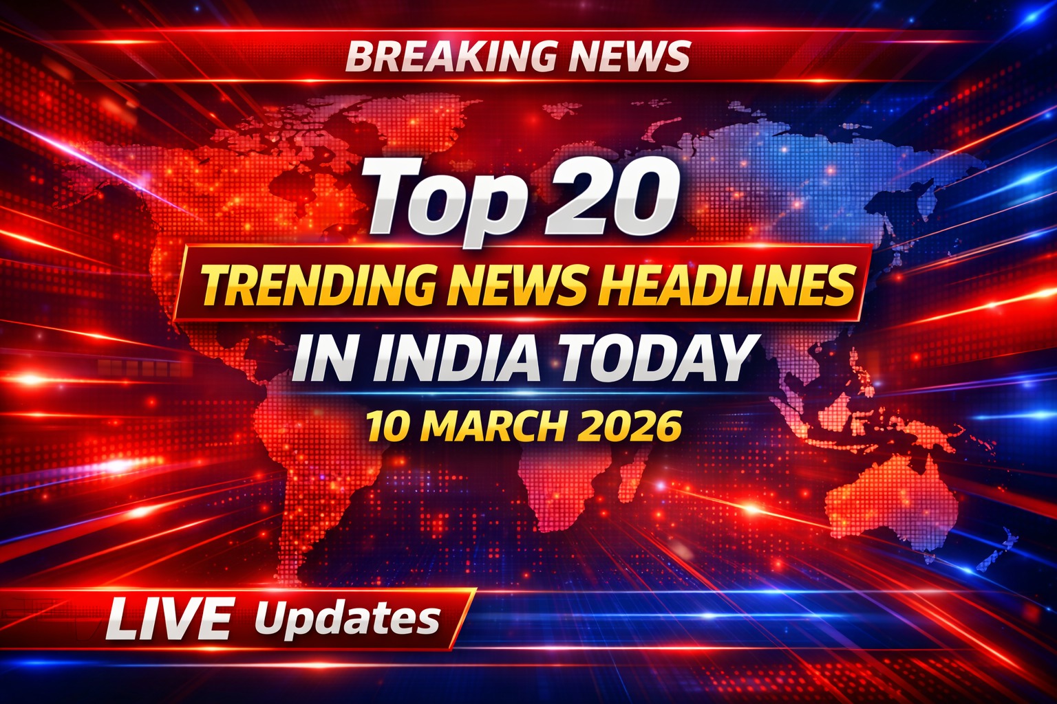 Top 20 trending news headlines in India today 10 March 2026 national updates infographic